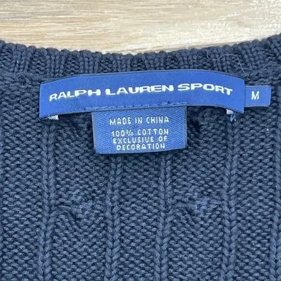 Polo Ralph Lauren Sport Cable Knit Sweater V Neck Women’s Medium Black Preppy - Picture 2 of 8